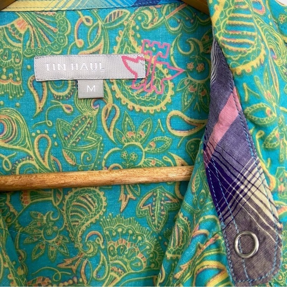 Tin Haul blouse summer spring 100% cotton light snap button down shirt green - Picture 6 of 15